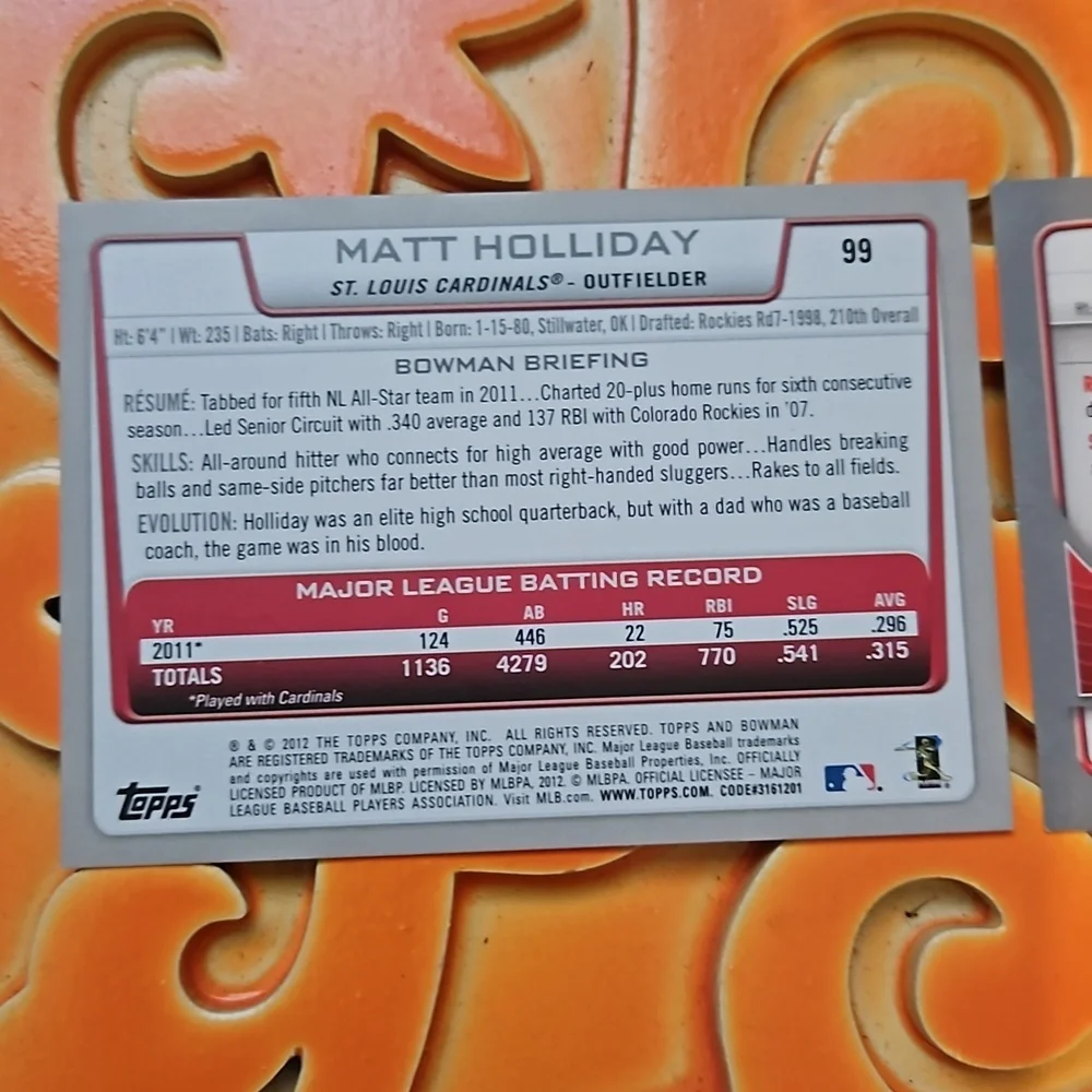 Topps Bowman 2013 Matt Holliday Saint Louis Cardinals #98 and #99 2 Pack